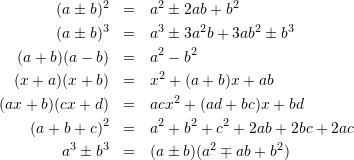 \begin{eqnarray*} (a\pm b)^{2} &=& a^{2}\pm 2ab + b^{2} \\ (a\pm b)^{3} &=& a^{3}\pm 3a^{2}b + 3ab^{2} \pm b^{3}\\ (a + b)(a - b) &=& a^{2} - b^{2}\\ (x + a)(x + b) &=& x^{2} + (a + b)x + ab\\ (ax + b)(cx + d) &=& acx^{2} + (ad + bc)x + bd\\ (a + b + c)^{2} &=& a^{2} + b^{2} + c^{2} + 2ab + 2bc + 2ac\\ a^{3}\pm b^{3} &=& (a\pm b)(a^{2}\mp ab + b^{2}) \end{eqnarray*}