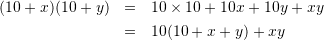 \begin{eqnarray*} (10+x)(10+y) &=& 10\times 10 + 10x +10y +xy\\ &=& 10(10+x+y)+xy \end{eqnarray*}